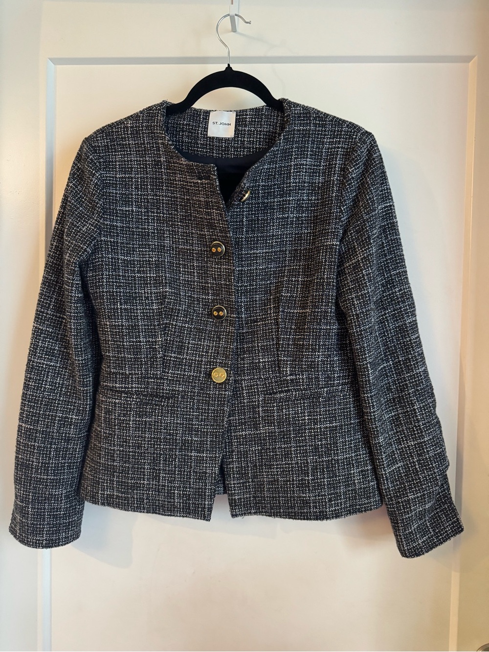 St. John Black and White Tweed Collarless Blazer with Gold Buttons